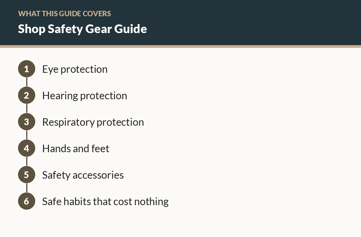 Diagram of the sections in this guide: Eye protection; Hearing protection; Respiratory protection; Hands and feet; Safety accessories; Safe habits that cost nothing